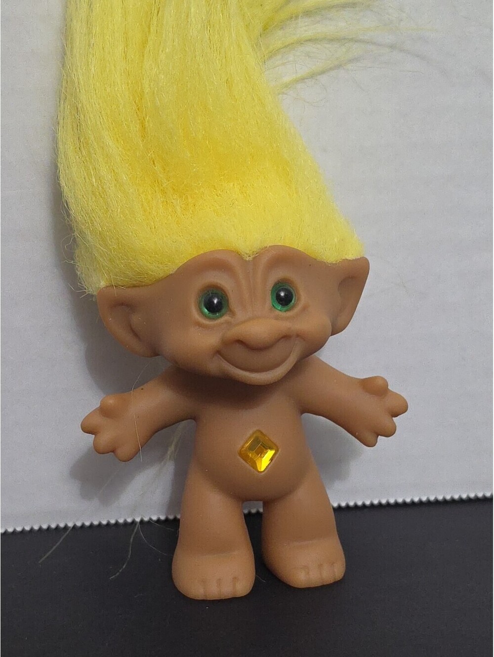 Vintage Ace Novelty Treasure 3” Troll Doll Yellow Hair Belly Gem